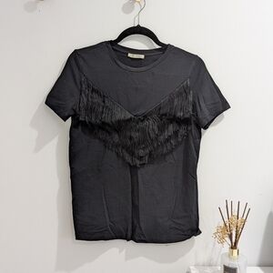 Zara Trafaluc Black Fringe T-Shirt Size S Made in Turkey